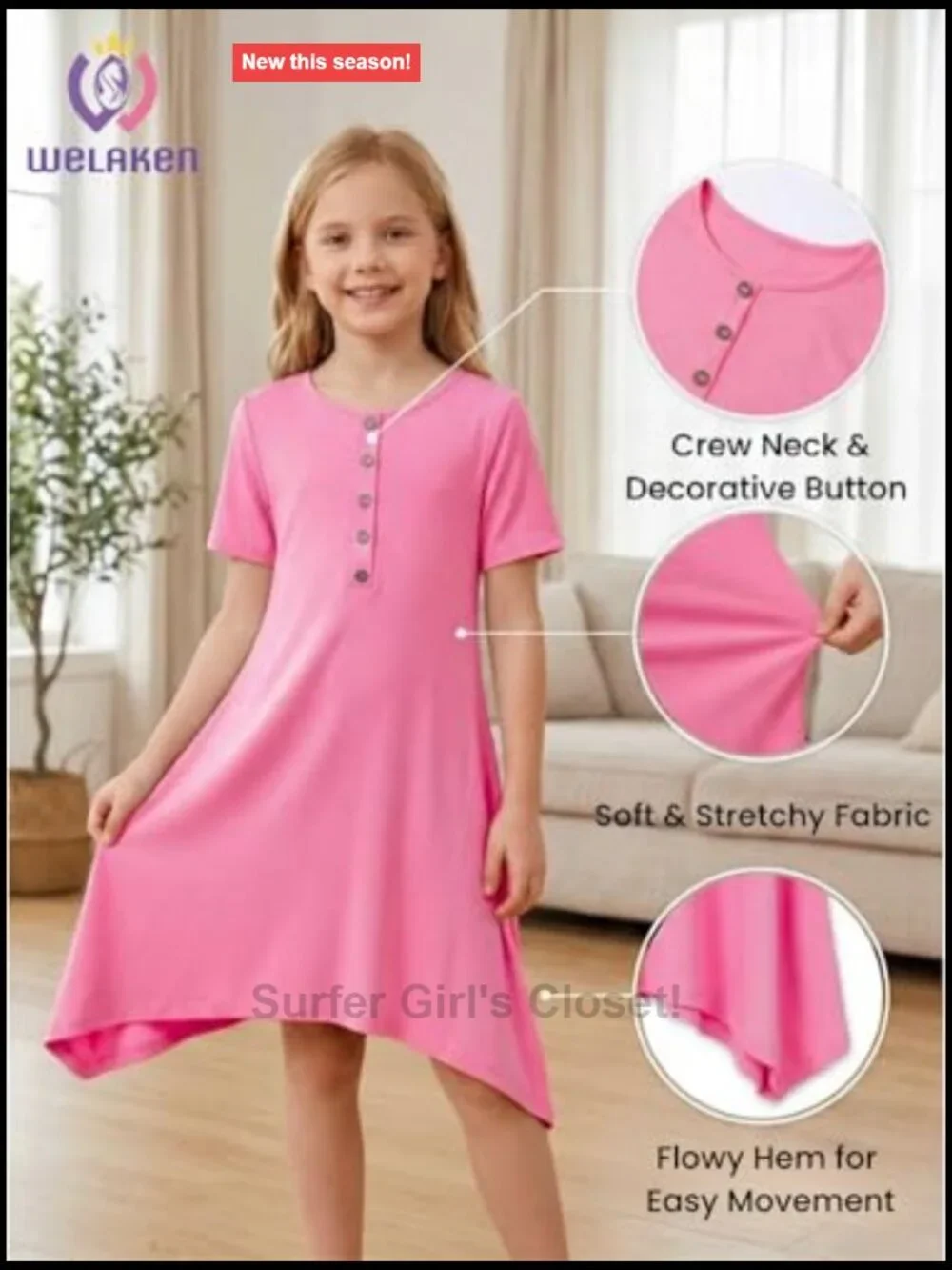 Girls Flowy Swing A-Line Dress, Soft Knit Short Sleeve Casual Summer Dress with